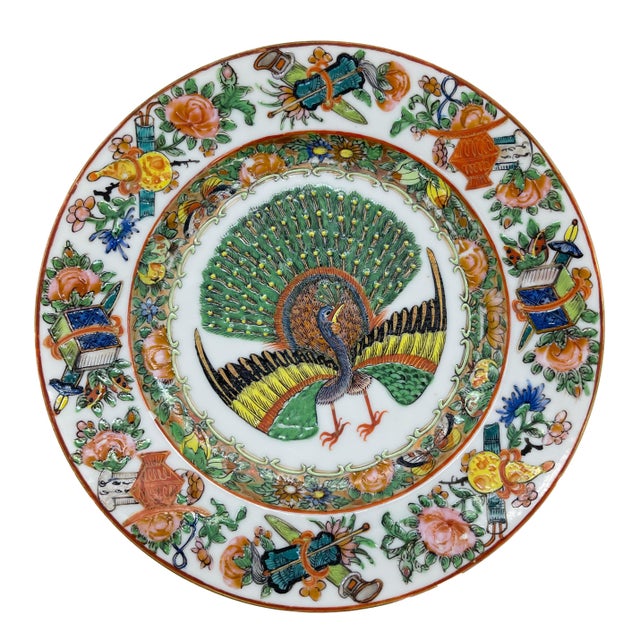Chinese Export Canton Famille Rose Plate With Rare Central Peacock, Ca. 1865 For Sale - Image 10 of 10