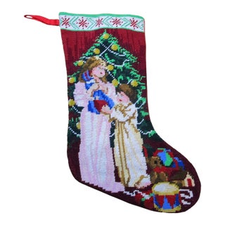 Vintage Needlepoint Christmas Stocking Victorian Children With Toys Red Back For Sale