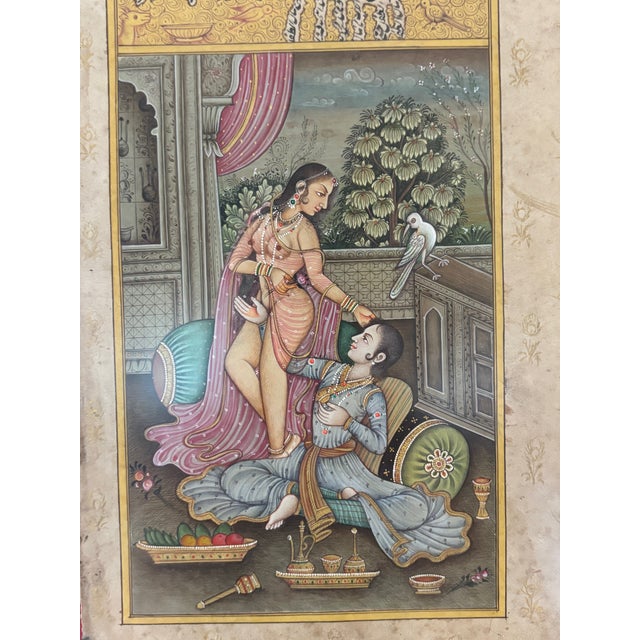 Indian Art, Set of hand-painted and printed pages from vintage Kuma -Sutra manuscript. Gauche on paper. Mounted on red...