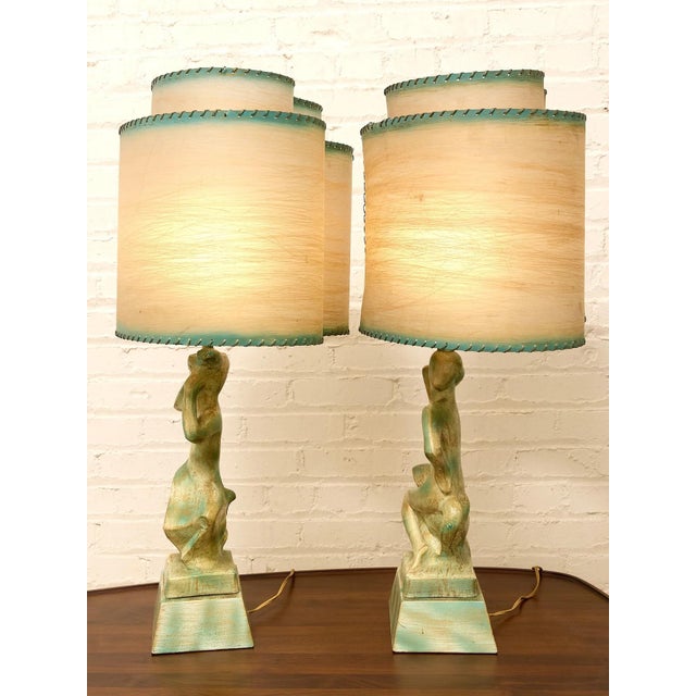 Ceramic Vintage Figural Table Lamps With Fiberglass Shades - Pair For Sale - Image 7 of 7