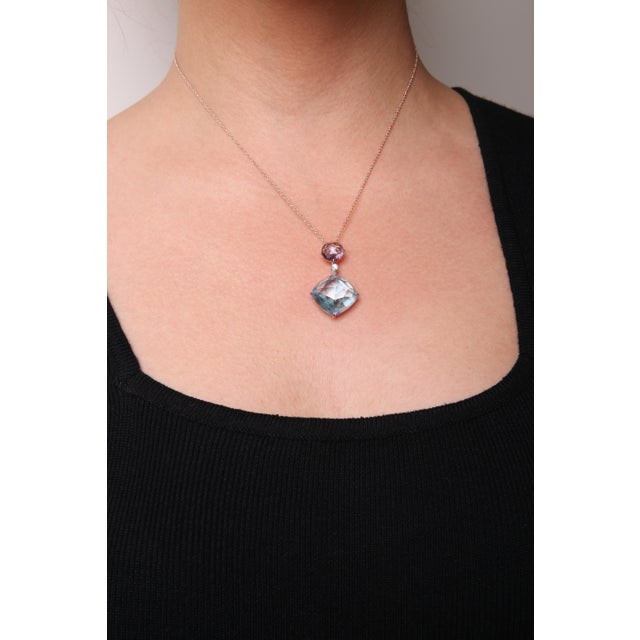 18K White and Rose Gold Round Diamond Accent and Round Rose De France Pink Amethyst and Cushion Cut Sky Blue Topaz Dangle Drop 18" Pendant Necklace For Sale - Image 4 of 5