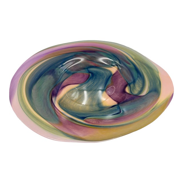 Geometric Design Hand-Crafted Studio Art Glass Bowl Platter Centerpiece Signed For Sale