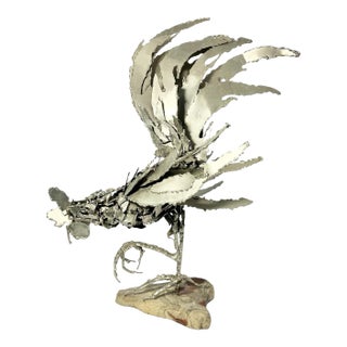 1960s Mid-Century Vintage Large Rooster Chicken Silver Metal Art Sculpture For Sale