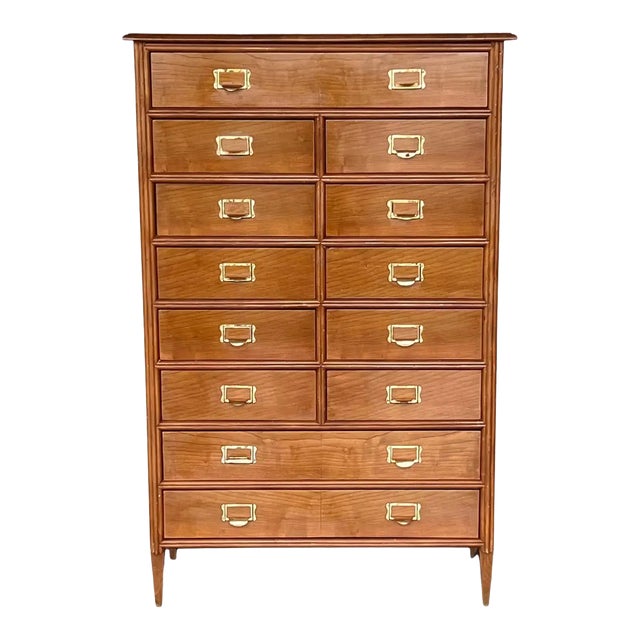 Tall Vintage Tall Teak Wood Campaign Highboy Chest in Style of Bernhardt For Sale