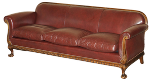 Antique Victorian Brown Leather and Walnut Sofa, 1880