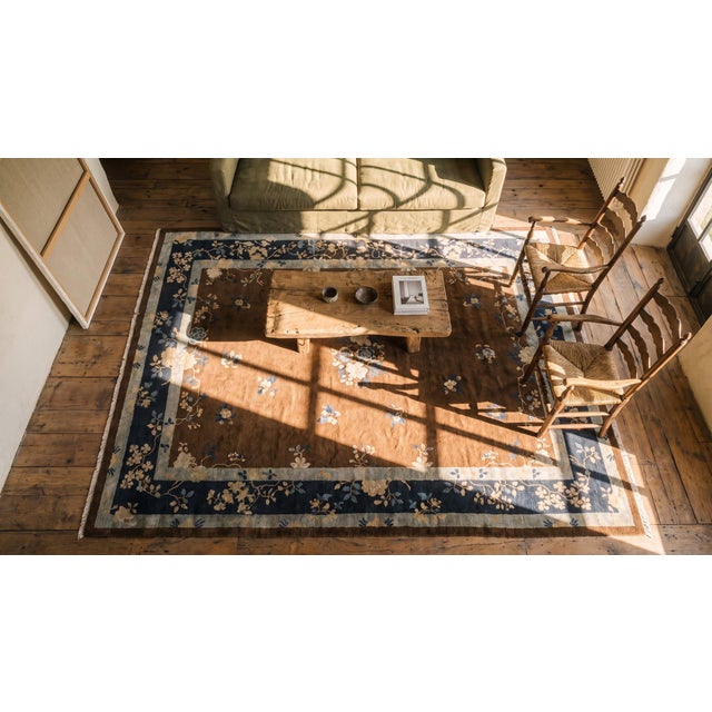 1920s Brown Floral Medallion Antique Chinese Peking Rug 9'0"x 11'6" Handknotted Wool Carpet For Sale - Image 9 of 9