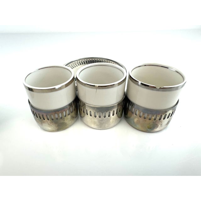 Vintage Silverplate & Porcelain Demitasse Set, Pierced Metal Holders, Modernist Espresso Service for Six For Sale - Image 10 of 10