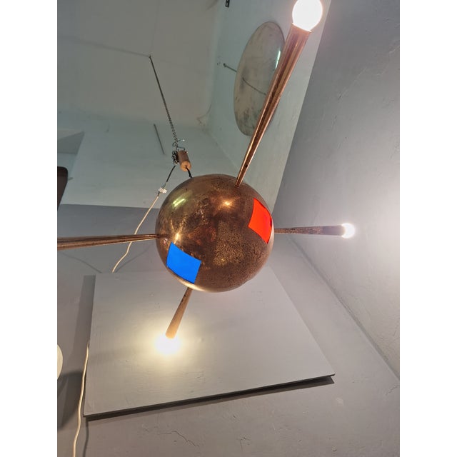 Chandelier in Copper Brass and Colored Glass 4 Copper Cones For Sale - Image 16 of 18