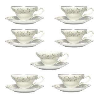 1980s Sheffield “Classic, 501” Set of 7 Bone China Teacups & Saucers- 14 pcs For Sale