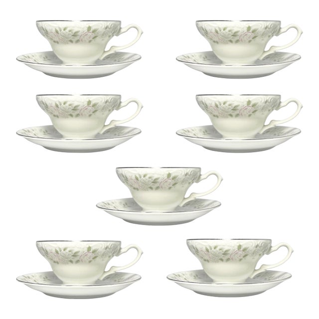 1980s Sheffield “Classic, 501” Set of 7 Bone China Teacups & Saucers- 14 pcs For Sale