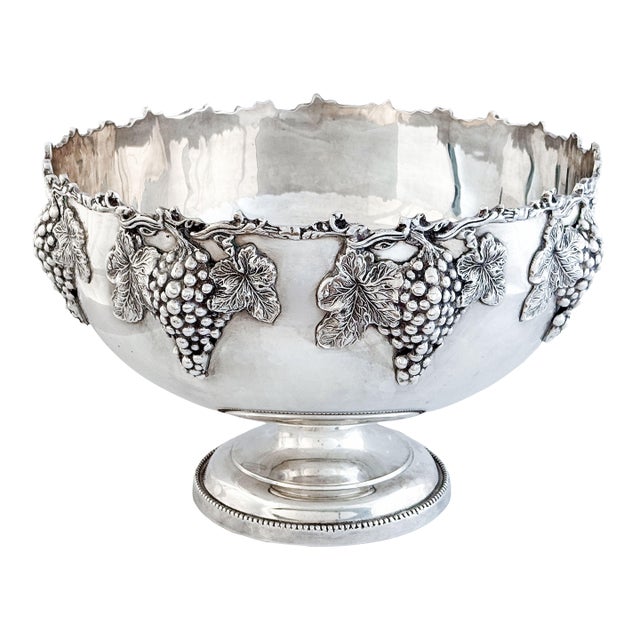 Large English Silver Punch Bowl Centerpiece With Relief of Grapes For Sale