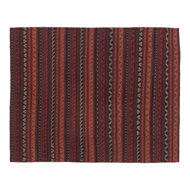Vintage Persian Kilim, Tribal Geometric Stripes in Warm Red Tones - Rug & Kilim For Sale