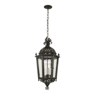 Restored Antique French Wrought Iron Exterior Lantern Pendant Light For Sale