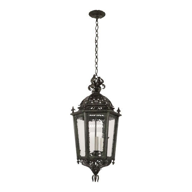 Restored Antique French Wrought Iron Exterior Lantern Pendant Light For Sale