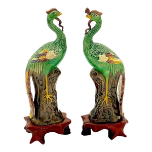 Early 20th Century Chinese Sancai Glazed Phoenix Birds, on Hardwood Stands - a Pair