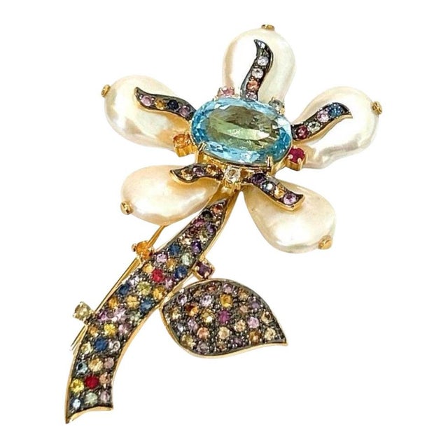 Bochic "Orient" Vintage Pearl, Multi Sapphire & Topaz Brooch 18K Gold & Silver For Sale - Image 15 of 18