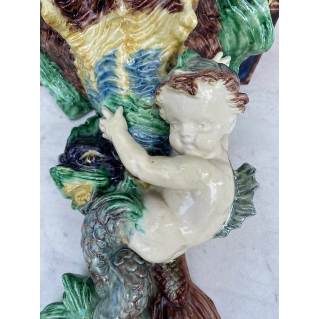 Large 19th Century French Majolica Palissy Wall Bracket Shelf With Putti Merman. Thomas Sergent unsigned. Height / 11.5...