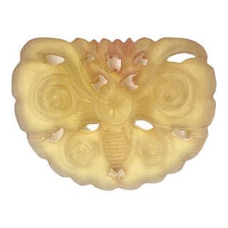 Vintage Openwork Carved Chinese Jade Plaque / Pendant With Auspicious Moth or Butterfly For Sale