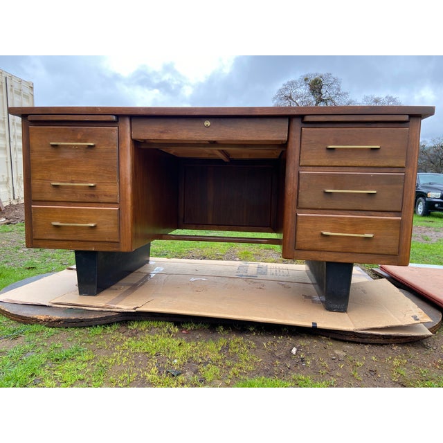 1970s Vintage Mid Century Modern Wooden Tanker Desk For Sale - Image 12 of 12