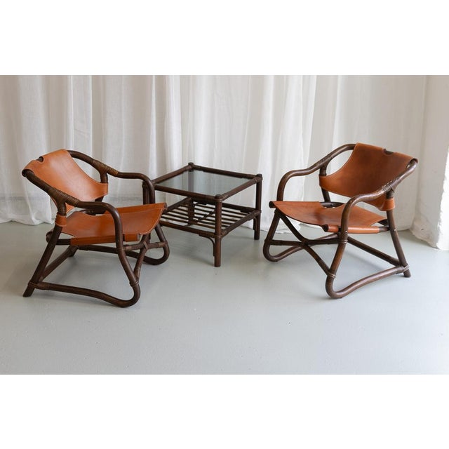 Danish Modern Bamboo and Leather Lounge Chairs and Table by Horsnæs, 1960s. Set of 3. Pair of Danish Mid-Century Modern...