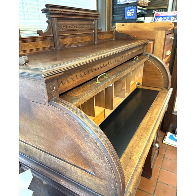 Wood Antique Walnut Roll Top Desk, Many Drawers & Cubby Holes, Leather Mat For Sale - Image 7 of 12