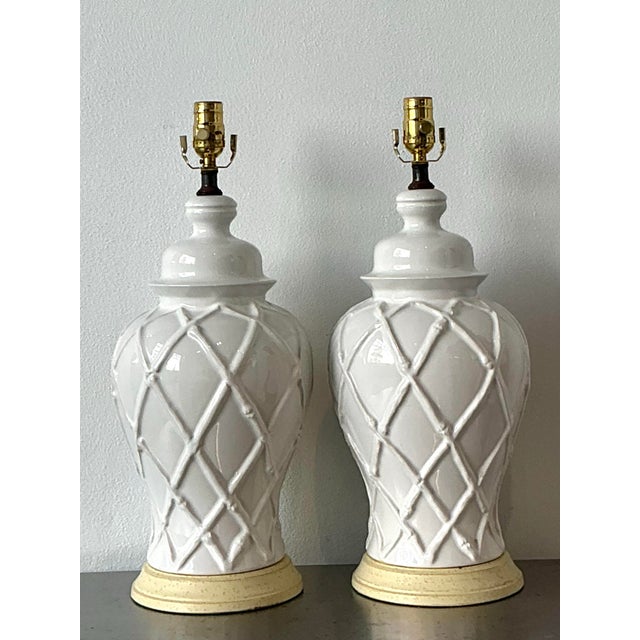 Vintage Glazed Ceramic Trellis Lamps - A Pair For Sale - Image 12 of 12