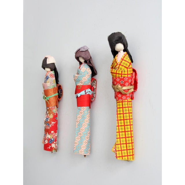 Mid-Century Japanese Folk Art Kimono Dolls Set of 3 For Sale - Image 15 of 16