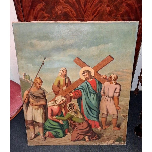 Stations of the Cross Jesus Meets the Holy Women of Jerusalem, 1800s, Oil Painting on Canvas For Sale - Image 4 of 5