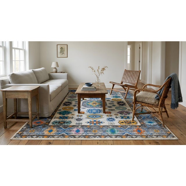 9x12 Ivory Hand-Knotted Wool Floral Constellation Tribal Modern Carpet Rug For Sale - Image 9 of 13
