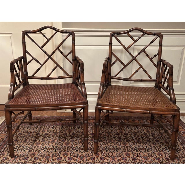 1970s 1970s Pair of Mid-Century Faux Bamboo Chinese Chippendale Style . Arm Chairs For Sale - Image 5 of 10