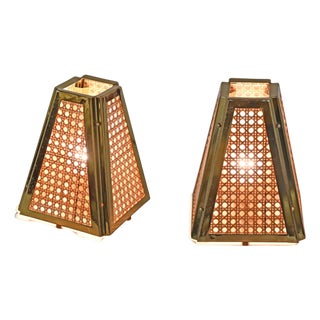 Mid-Century Modern Table Lamps in Gilt Metal and Straw, Italy, 1970s, Set of 2 For Sale