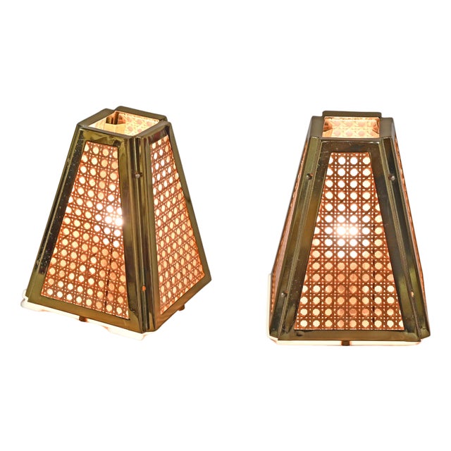 Mid-Century Modern Table Lamps in Gilt Metal and Straw, Italy, 1970s, Set of 2 For Sale