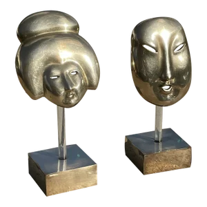 Brass Geisha Girl & Boy Face Sculptures - a Pair
