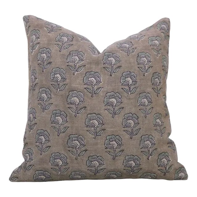 Indoor Pillow Cover Hand Block Printed Thick Linen 20x20 Inch- Rohini For Sale