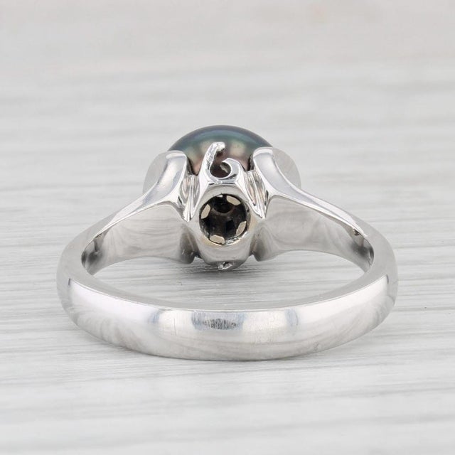 New Galatea Cultured Black Pearl Diamond Ring 14k White Gold Size 6.25 For Sale - Image 4 of 8