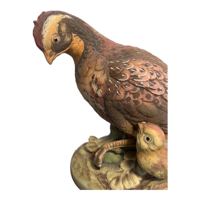 Andrea by Sadek Porcelain Bird Figurine Female & Chick Bobwhite Quail Wood Base For Sale