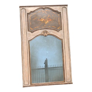 French 1950s Painted Trumeau Wall Mirror With Floral & Instrument Motif | Carved Wood Frame For Sale
