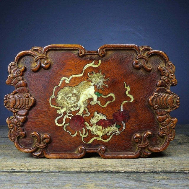 This is a magnificent vintage Chinese Huali (Rosewood) Tea Tray, intricately carved and inlaid with luminous Mother-of-...
