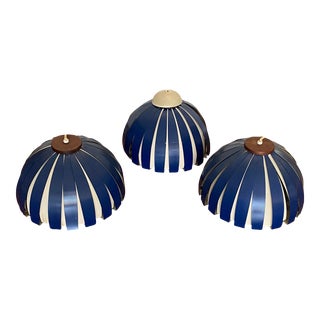 1980s Mid-Century Modern Style Blue and White Hanging Aluminum Pendant Lights - Set of 3 For Sale