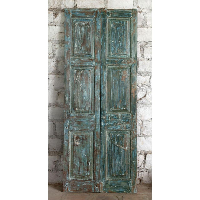 Antique Blue Floral Carved Sliding Barn Door | Reclaimed Wood Architectural Panel 80x32 For Sale - Image 4 of 5