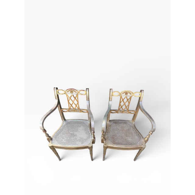 Pair of Vintage Maitland-Smith Silver & Gold Leaf Neoclassical Armchairs With New Designer Cushions For Sale In Boston - Image 6 of 14