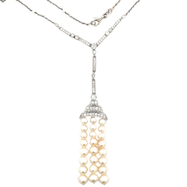 Vintage Platinum 1.5 Carat Weight Diamond & Strand Pearl Drop Necklace For Sale - Image 9 of 9