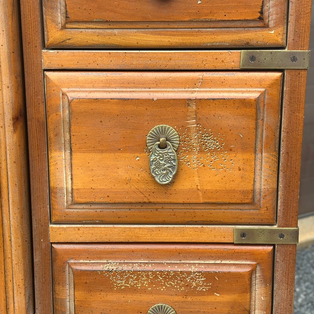 Vintage Henredon Distressed Pine Armoire Tall Chest of 14 Drawers With Cabinet on Bun Feet For Sale - Image 9 of 12