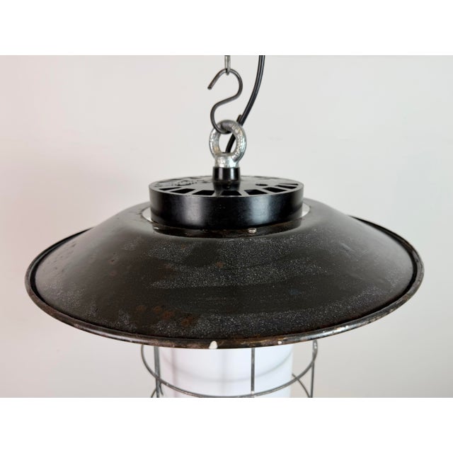 Mid-Century Modern Industrial Grey Enamel, Glass, and Iron Cage Pendant Lamp from Elektrosvit, 1960s For Sale - Image 3 of 16