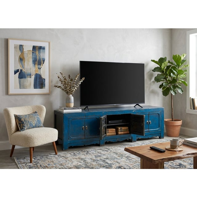Vintage Distressed Cerulean Blue Doors Low Tv Stand Console Table Cabinet For Sale - Image 12 of 12
