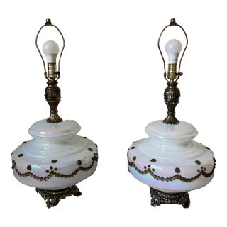 Mid 20th Century Hollywood Regency Iridescent White Table Lamps - A Pair For Sale