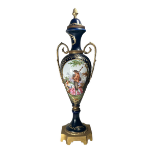 Antique Sevres Style Cobalt Blue Porcelain Vase, Double Handled Lidded Urn