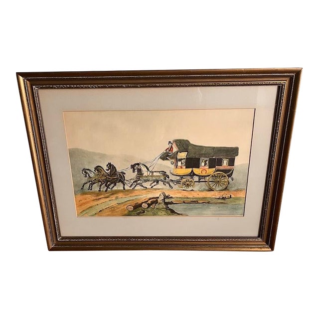Vintage Framed Hand Colored Etching 'The Coach of Posts' by Victor-Jean Adams For Sale