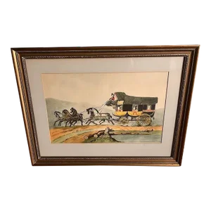 Vintage Framed Hand Colored Etching 'The Coach of Posts' by Victor-Jean Adams