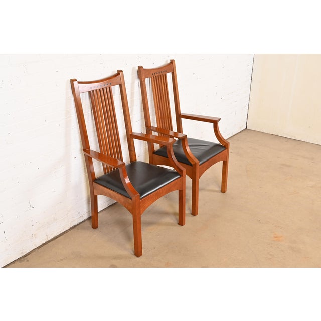 L. & J.G. Stickley, Inc. Stickley Mission Arts & Crafts Cherry Wood High Back Spindle Armchairs, Pair For Sale - Image 4 of 12